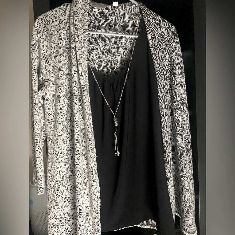 Work attire Cardigan, Black shirt, Attached necklace